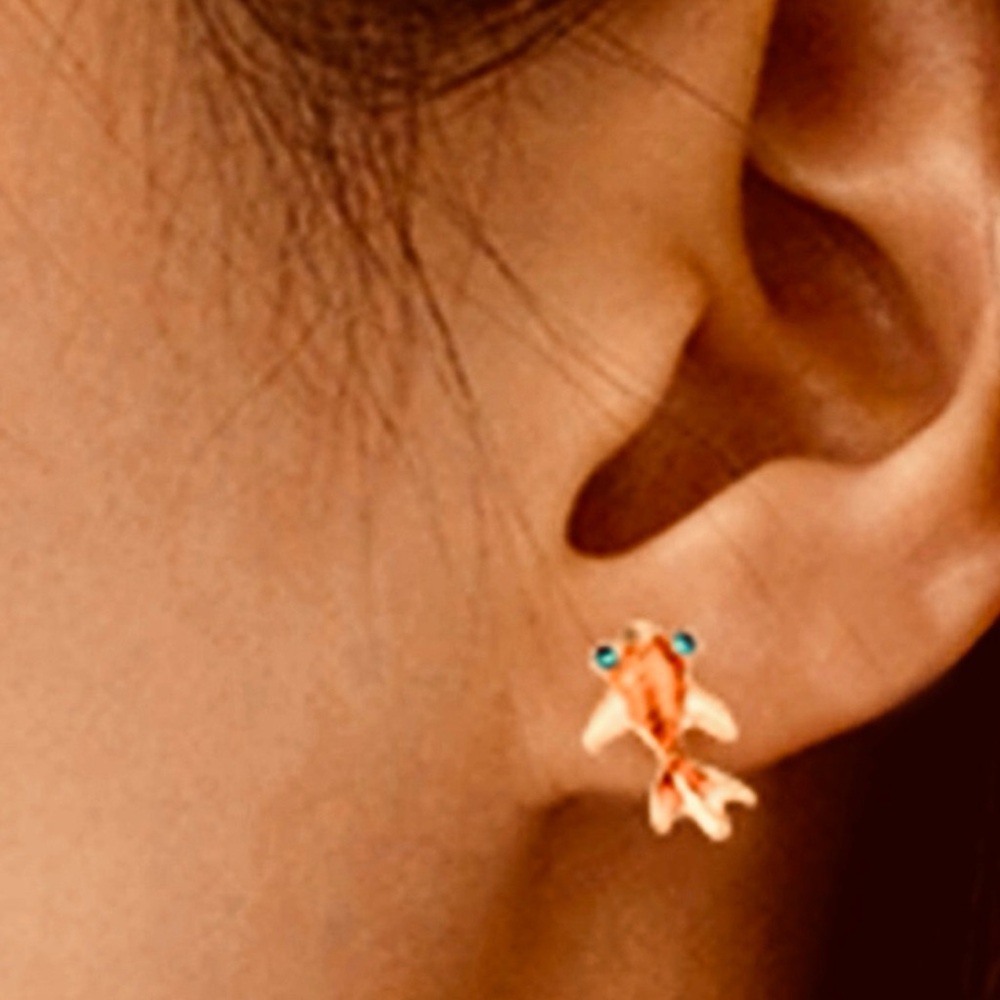 “Goldfish” Orange Scaly Blue-Eyed Rhinestone Fish Ocean Dainty Mini Cutesy Studs - Picture 3 of 10